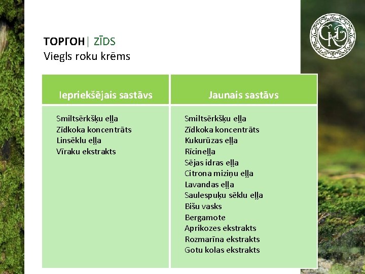 ТОРГОН| ZĪDS Viegls roku krēms Iepriekšējais sastāvs Smiltsērkšķu eļļa Zīdkoka koncentrāts Linsēklu eļļa Vīraku