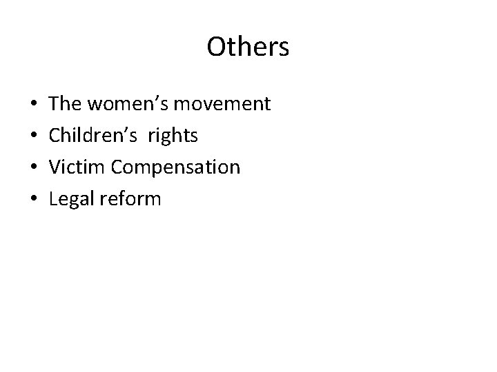 Others • • The women’s movement Children’s rights Victim Compensation Legal reform 