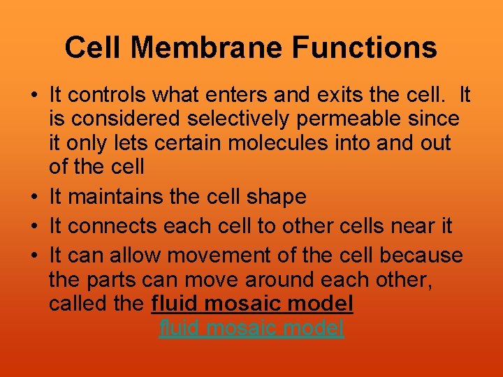 Cell Membrane Functions • It controls what enters and exits the cell. It is
