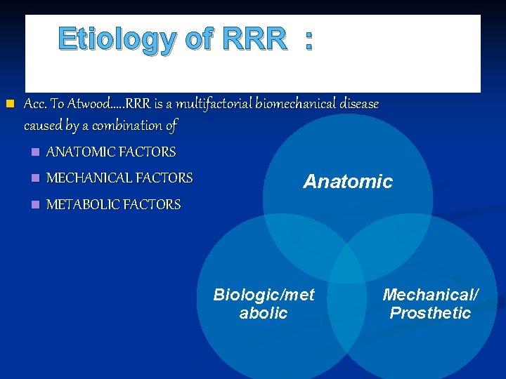 Etiology of RRR : n Acc. To Atwood…. . RRR is a multifactorial biomechanical