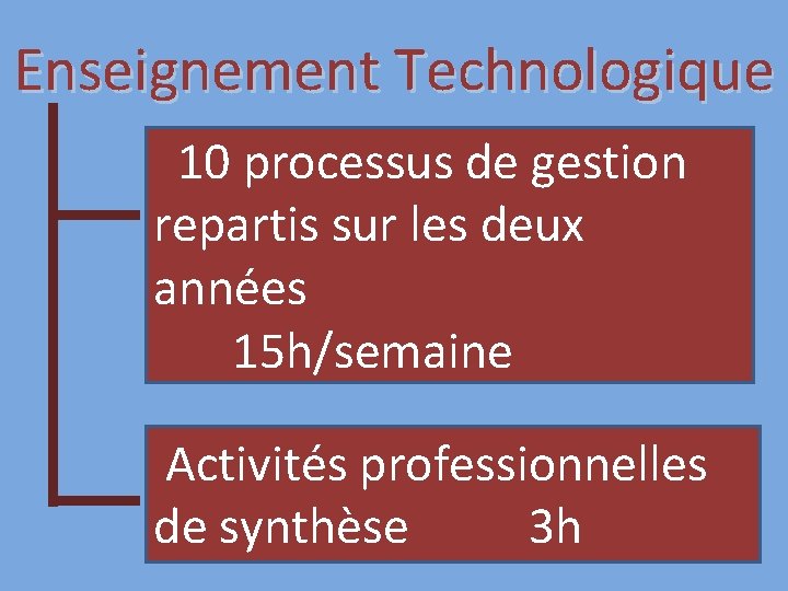 Enseignement Technologique 10 processus de gestion repartis sur les deux années 15 h/semaine Activités