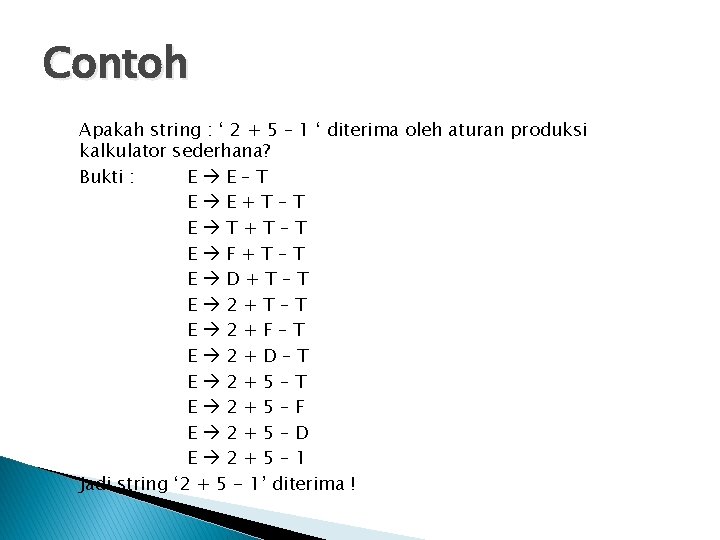 Contoh Apakah string : ‘ 2 + 5 – 1 ‘ diterima oleh aturan