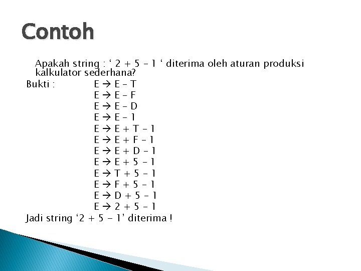 Contoh Apakah string : ‘ 2 + 5 – 1 ‘ diterima oleh aturan