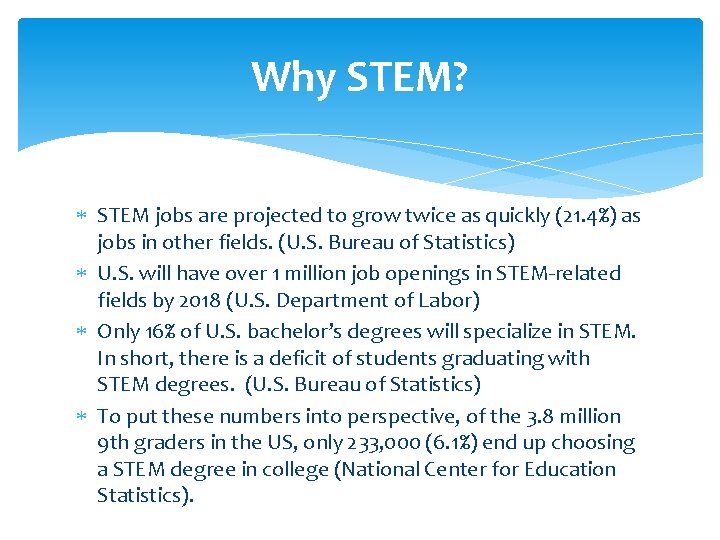 Why STEM? STEM jobs are projected to grow twice as quickly (21. 4%) as