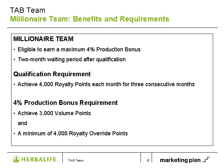 TAB Team Millionaire Team: Benefits and Requirements MILLIONAIRE TEAM • Eligible to earn a