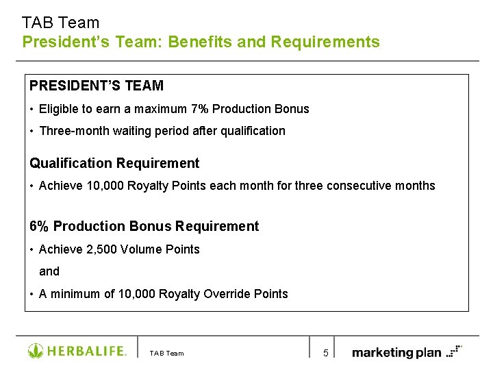 TAB Team President’s Team: Benefits and Requirements PRESIDENT’S TEAM • Eligible to earn a