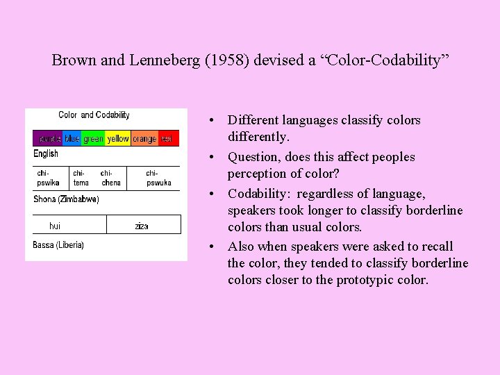 Brown and Lenneberg (1958) devised a “Color-Codability” • Different languages classify colors differently. • Brown and Lenneberg (1958) devised a “Color-Codability” • Different languages classify colors differently. •
