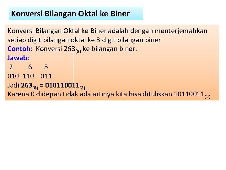 Konversi Bilangan Oktal ke Biner adalah dengan menterjemahkan setiap digit bilangan oktal ke 3