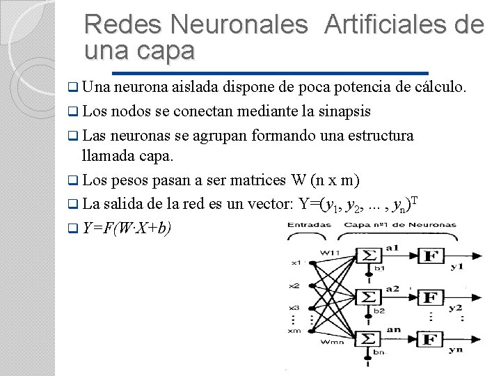 Redes Neuronales Artificiales de una capa q Una neurona aislada dispone de poca potencia