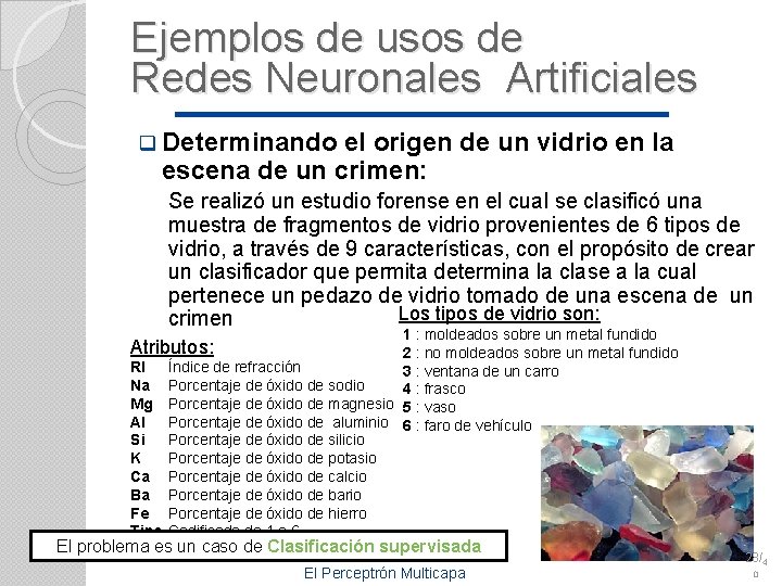 Ejemplos de usos de Redes Neuronales Artificiales q Determinando el origen de un vidrio