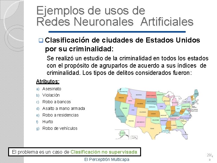 Ejemplos de usos de Redes Neuronales Artificiales q Clasificación de ciudades de Estados Unidos