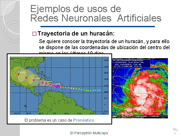 Ejemplos de usos de Redes Neuronales Artificiales � Trayectoria de un huracán: Se quiere