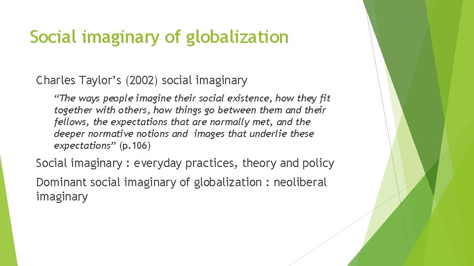 Social imaginary of globalization Charles Taylor’s (2002) social imaginary “The ways people imagine their