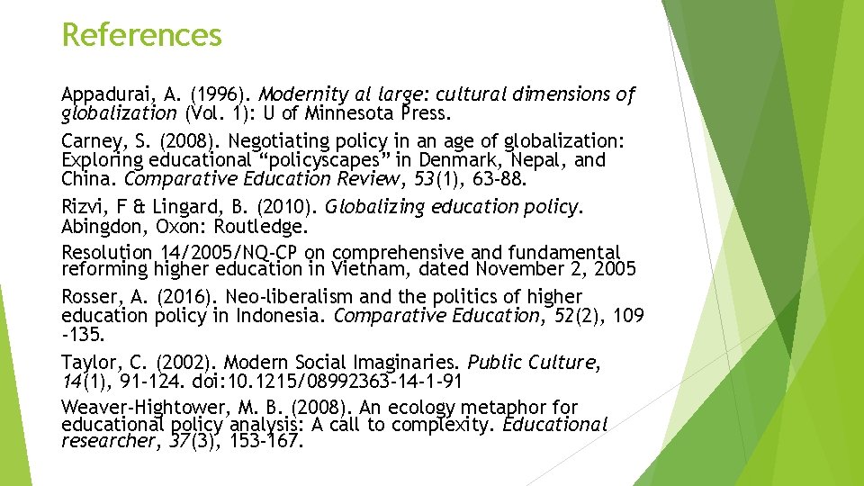 References Appadurai, A. (1996). Modernity al large: cultural dimensions of globalization (Vol. 1): U