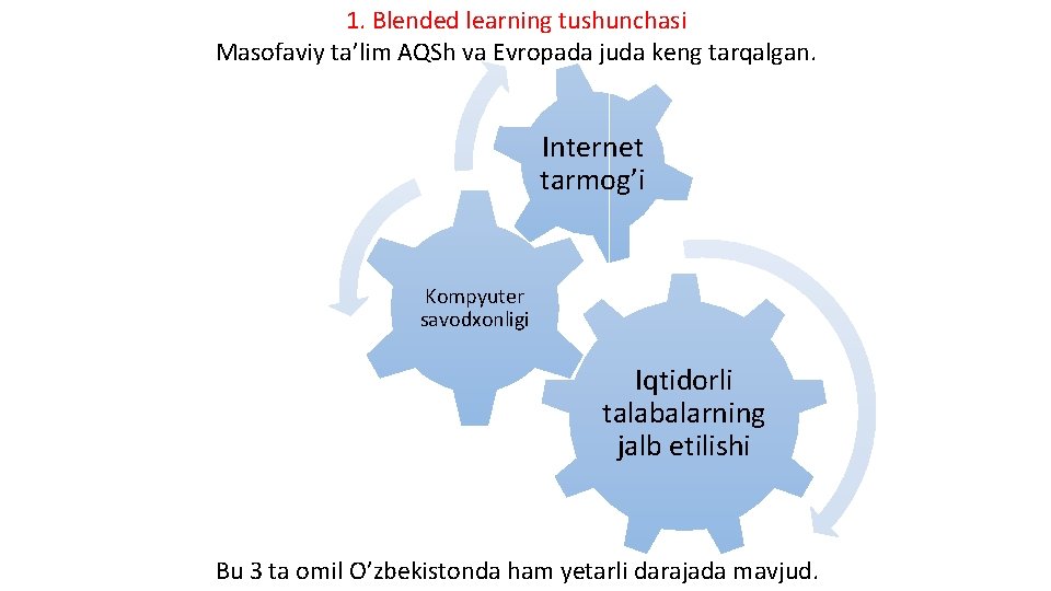 1. Blended learning tushunchasi Masofaviy ta’lim AQSh va Evropada juda keng tarqalgan. Internet tarmog’i