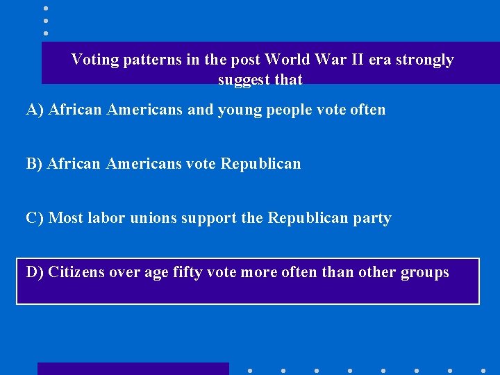 Voting patterns in the post World War II era strongly suggest that A) African