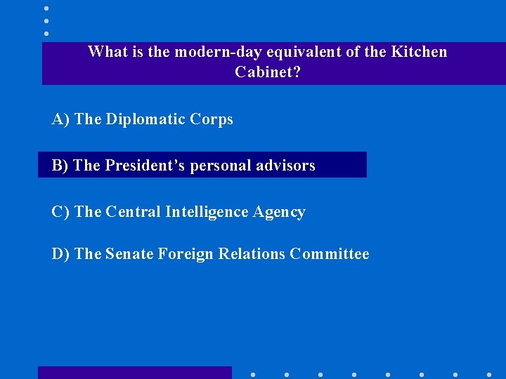 What is the modern-day equivalent of the Kitchen Cabinet? A) The Diplomatic Corps B)
