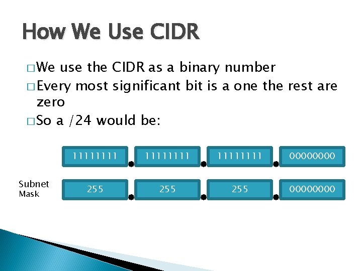 How We Use CIDR � We use the CIDR as a binary number �