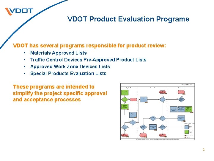 VDOT Product Evaluation Programs VDOT has several programs responsible for product review: • •