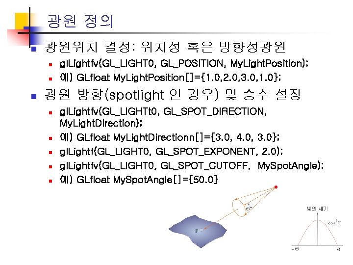 광원 정의 n 광원위치 결정: 위치성 혹은 방향성광원 n n n gl. Lightfv(GL_LIGHT 0,