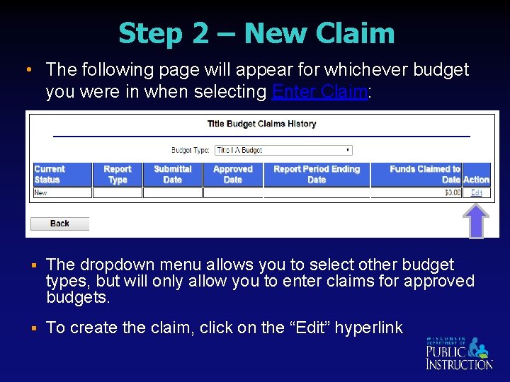 Step 2 – New Claim • The following page will appear for whichever budget