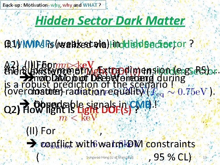 Back-up: Motivation- why, why and WHAT ? Hidden Sector Dark Matter Q 1) WIMPs(weak