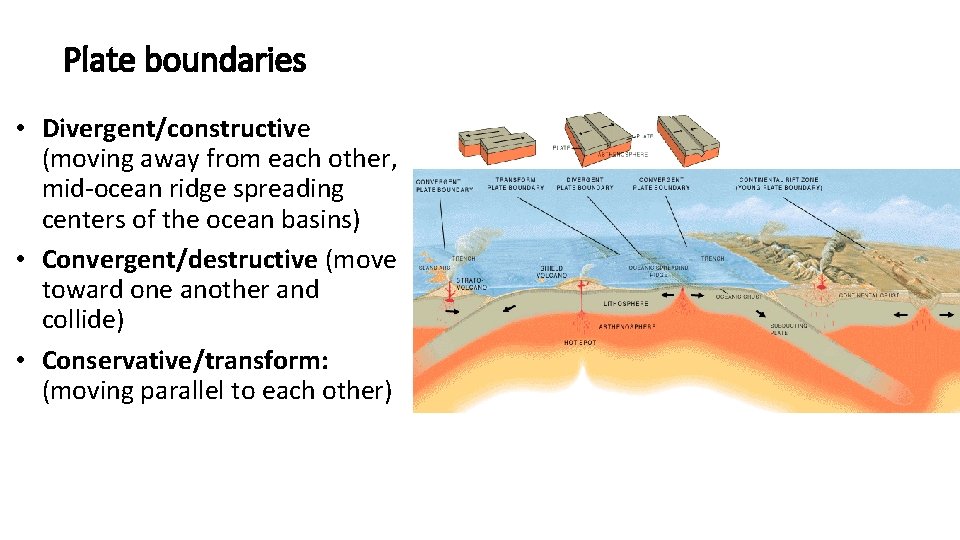 Plate boundaries • Divergent/constructive (moving away from each other, mid-ocean ridge spreading centers of Plate boundaries • Divergent/constructive (moving away from each other, mid-ocean ridge spreading centers of