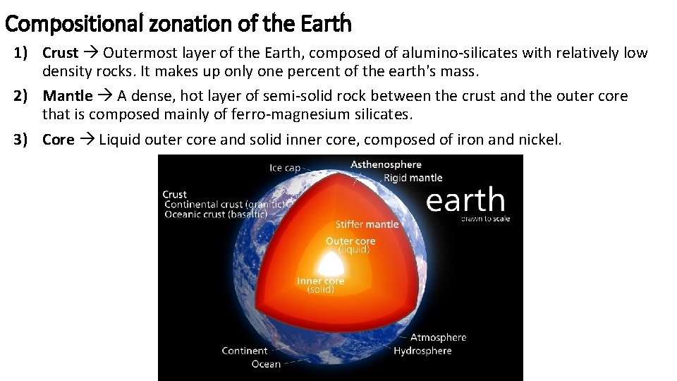 Compositional zonation of the Earth 1) Crust Outermost layer of the Earth, composed of Compositional zonation of the Earth 1) Crust Outermost layer of the Earth, composed of
