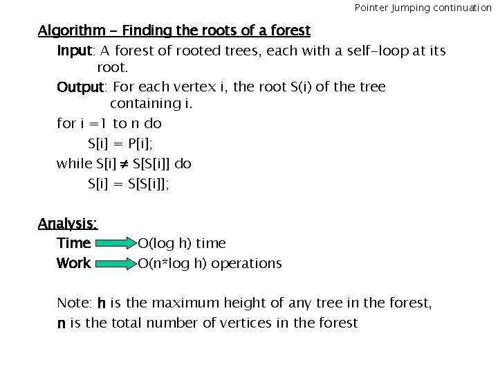 Pointer Jumping continuation Algorithm - Finding the roots of a forest Input: A forest