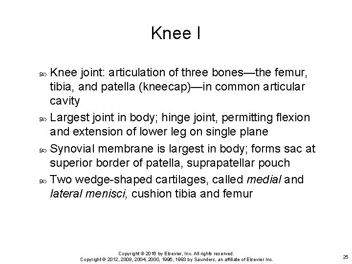 Knee I Knee joint: articulation of three bones—the femur, tibia, and patella (kneecap)—in common