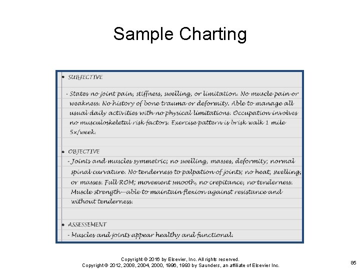 Sample Charting Copyright © 2016 by Elsevier, Inc. All rights reserved. Copyright © 2012,