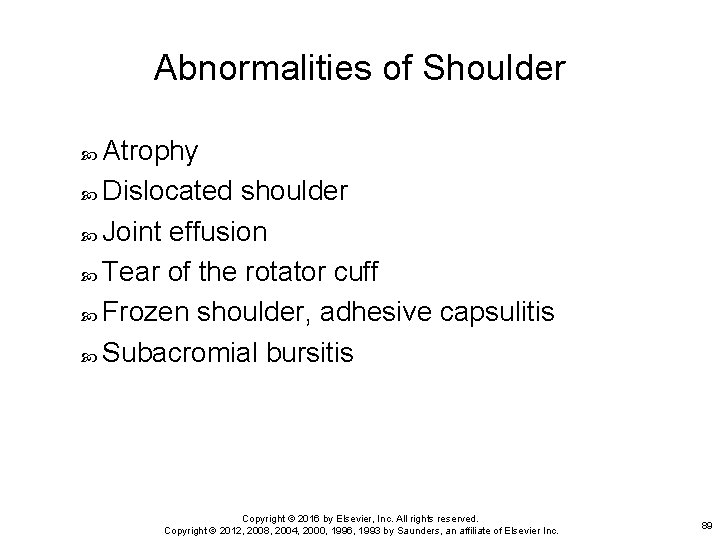 Abnormalities of Shoulder Atrophy Dislocated shoulder Joint effusion Tear of the rotator cuff Frozen