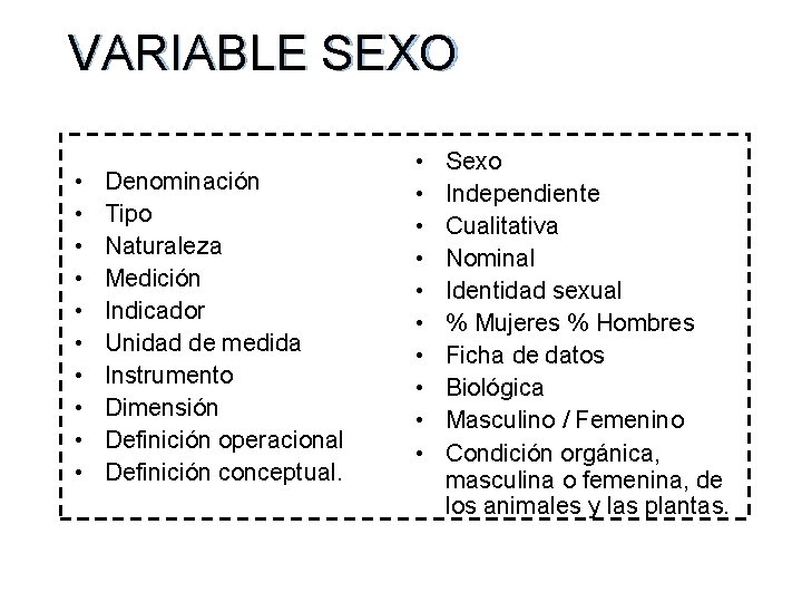 VARIABLE SEXO • • • Denominación Tipo Naturaleza Medición Indicador Unidad de medida Instrumento