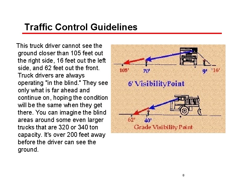 Traffic Control Guidelines This truck driver cannot see the ground closer than 105 feet