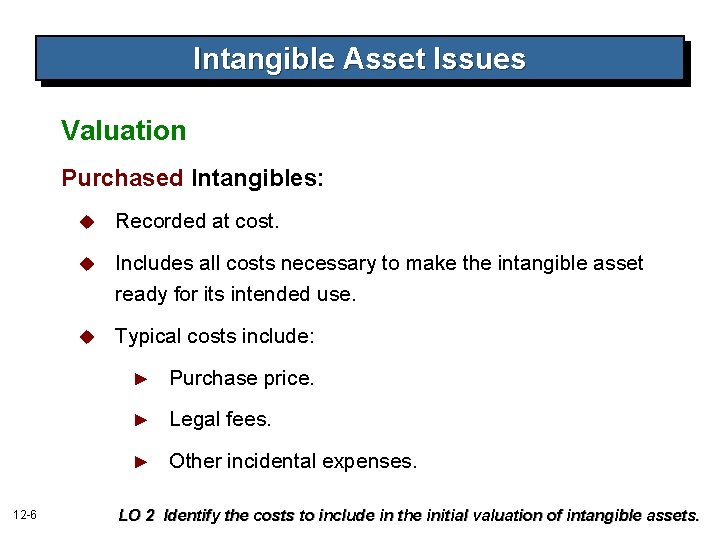 Intangible Asset Issues Valuation Purchased Intangibles: u Recorded at cost. u Includes all costs