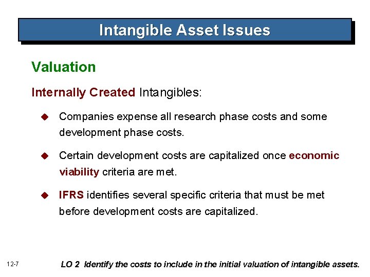 Intangible Asset Issues Valuation Internally Created Intangibles: 12 -7 u Companies expense all research