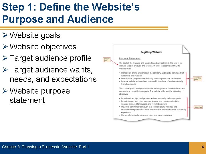 Step 1: Define the Website’s Purpose and Audience Ø Website goals Ø Website objectives