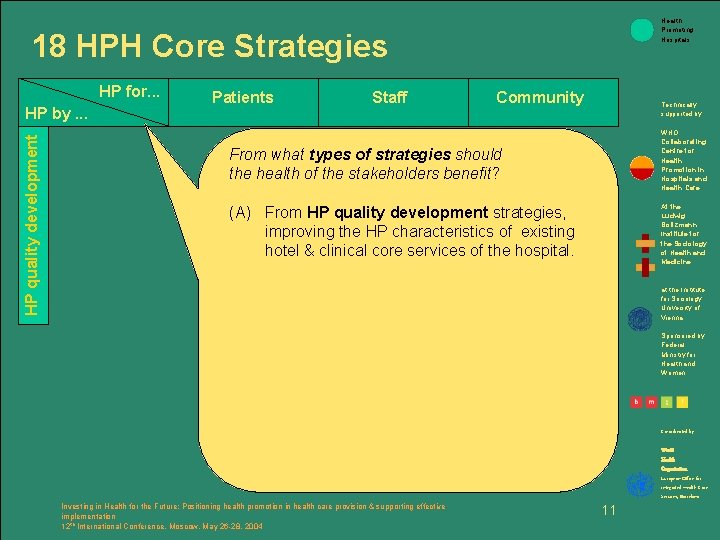 Health Promoting Hospitals 18 HPH Core Strategies HP for. . . HP quality development