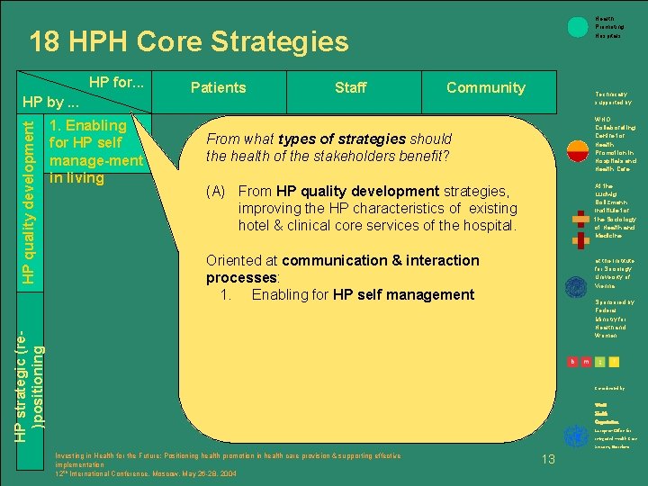 Health Promoting Hospitals 18 HPH Core Strategies HP for. . . 1. Enabling for