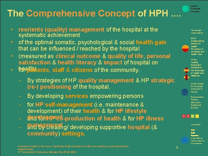 The Comprehensive Concept of HPH. . • reorients (quality) management of the hospital at