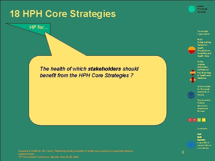Health Promoting Hospitals 18 HPH Core Strategies HP for. . . Technically supported by: