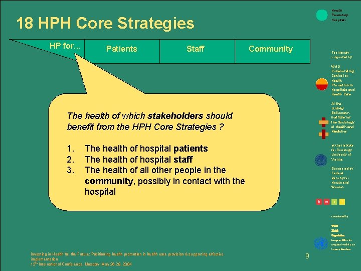Health Promoting Hospitals 18 HPH Core Strategies HP for. . . Patients Staff Community
