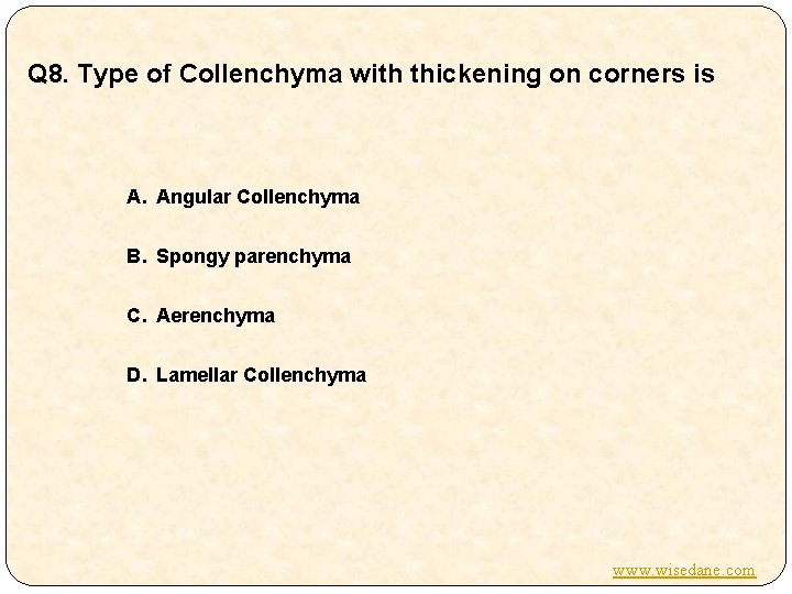 Q 8. Type of Collenchyma with thickening on corners is A. Angular Collenchyma B.