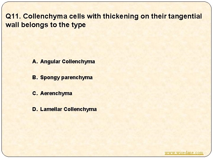 Q 11. Collenchyma cells with thickening on their tangential wall belongs to the type