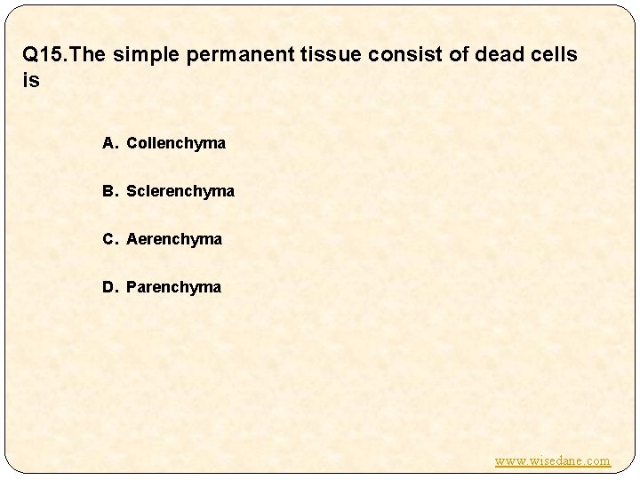 Q 15. The simple permanent tissue consist of dead cells is A. Collenchyma B.