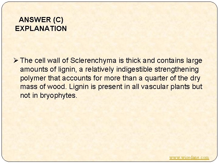 ANSWER (C) EXPLANATION Ø The cell wall of Sclerenchyma is thick and contains large