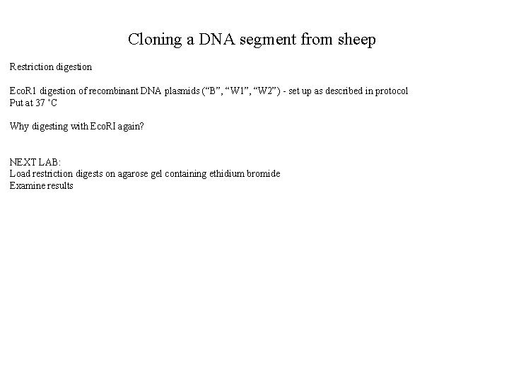 Cloning a DNA segment from sheep Restriction digestion Eco. R 1 digestion of recombinant