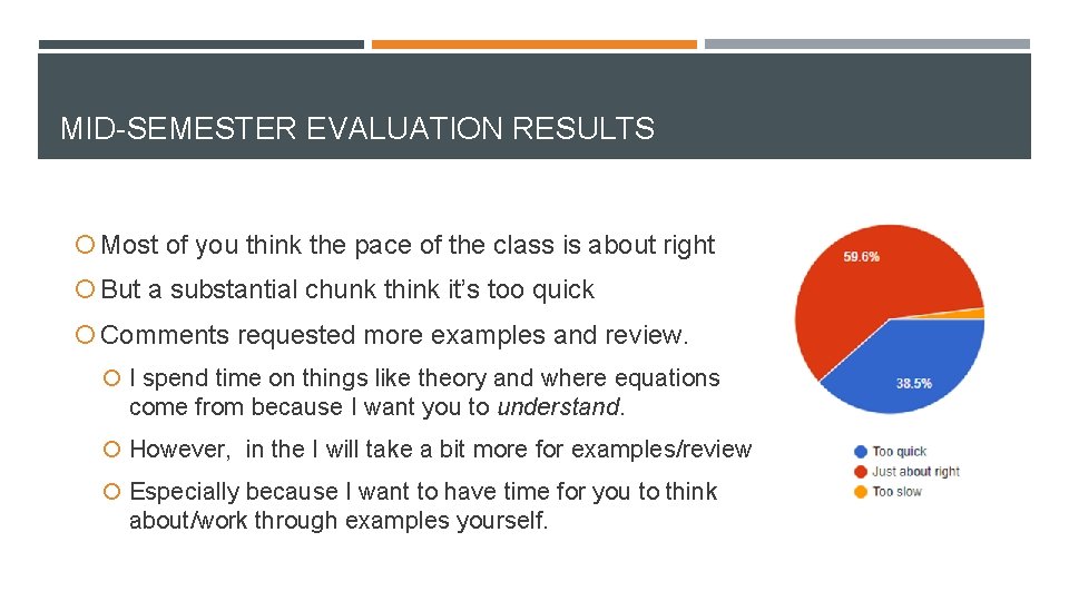 MID-SEMESTER EVALUATION RESULTS Most of you think the pace of the class is about