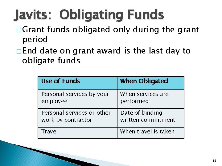 Javits: Obligating Funds � Grant funds obligated only during the grant period � End