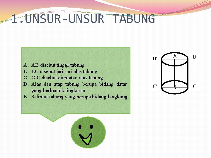 1. UNSUR-UNSUR TABUNG A. B. C. D. AB disebut tinggi tabung BC disebut jari-jari